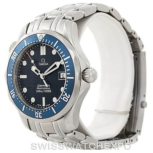 The image shows a side angle of the Omega Seamaster 2561.80.00 Men
s Stainless Steel Blue Dial 2561.80.00 Men
s Stainless Steel Blue Dial watch, displaying the case, dial, bezel, crown, and part of the bracelet.