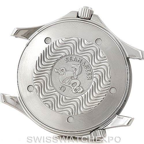 The image shows the back case of an Omega Seamaster 2064.50.00 Men
s Stainless Steel Black Dial 2064.50.00 Men
s Stainless Steel Black Dial watch, displaying the logo and wave-like pattern design.