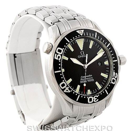 The image shows an Omega Seamaster 2064.50.00 Men
s Stainless Steel Black Dial 2064.50.00 Men
s Stainless Steel Black Dial watch at a 3/4 angle, highlighting the bezel, dial, bracelet, crown, and clasp.