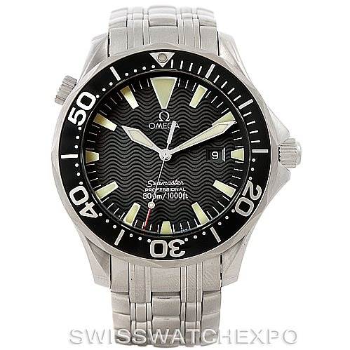 This image shows a front view of an Omega Seamaster 2064.50.00 Men
s Stainless Steel Black Dial 2064.50.00 Men
s Stainless Steel Black Dial watch displaying the dial, bezel, and part of the stainless steel bracelet.
