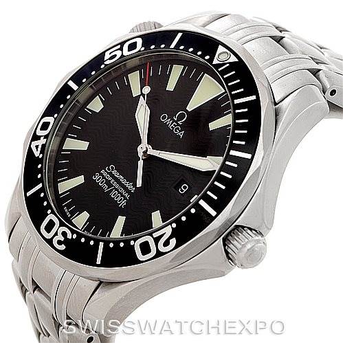 The Omega Seamaster 2064.50.00 Men
s Stainless Steel Black Dial 2064.50.00 Men
s Stainless Steel Black Dial watch is shown from an angled front view, highlighting the dial, bezel, and part of the stainless steel bracelet.