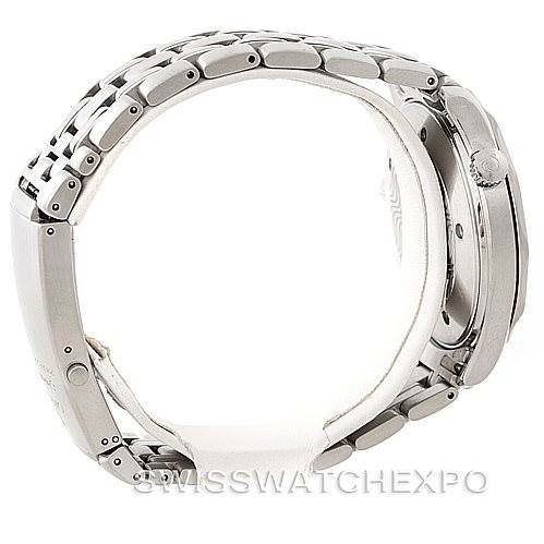 The image shows the side view of an Omega Seamaster 2064.50.00 Men
s Stainless Steel Black Dial 2064.50.00 Men
s Stainless Steel Black Dial watch, highlighting its crown, case, and metal bracelet.