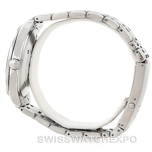 The Omega Seamaster 2064.50.00 Men
s Stainless Steel Black Dial 2064.50.00 Men
s Stainless Steel Black Dial watch is shown from a side angle, highlighting its profile and metal bracelet.