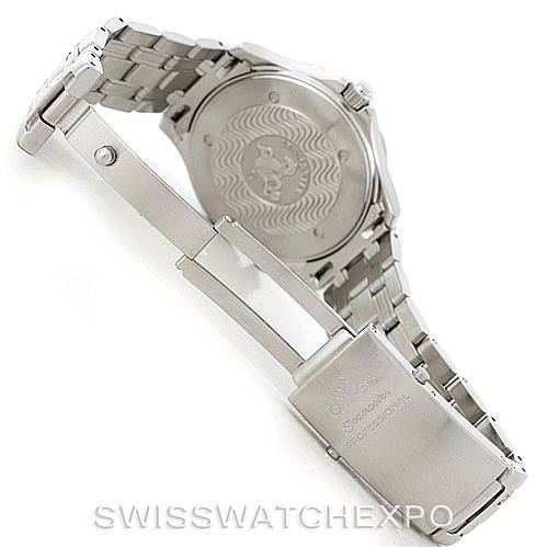 The image shows the Omega Seamaster 2064.50.00 Men
s Stainless Steel Black Dial 2064.50.00 Men
s Stainless Steel Black Dial watch from the back, focusing on its clasp, bracelet, and embossed case back.