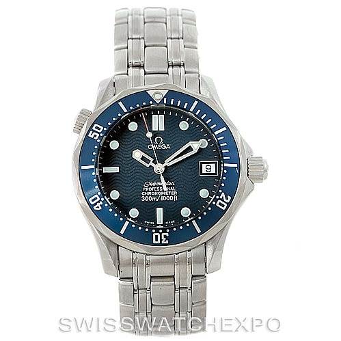 The image shows a front view of an Omega Seamaster 2551.80.00 Men
s Stainless Steel Blue Dial 2551.80.00 Men
s Stainless Steel Blue Dial watch, displaying the face, bezel, crown, and stainless steel bracelet.