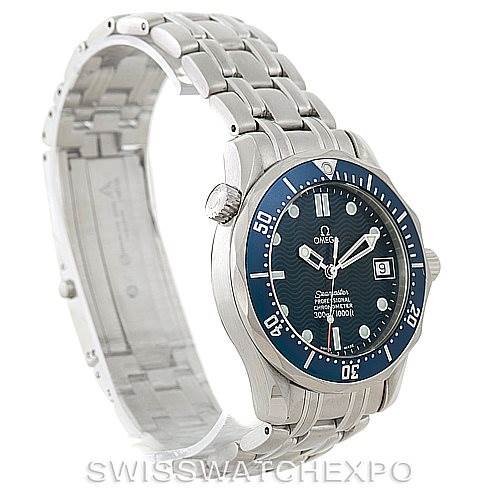 The image shows an Omega Seamaster 2551.80.00 Men
s Stainless Steel Blue Dial 2551.80.00 Men
s Stainless Steel Blue Dial watch at a three-quarter angle, highlighting the face, bezel, crown, and part of the bracelet.