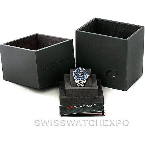 The image shows the Omega Seamaster 2551.80.00 Men
s Stainless Steel Blue Dial 2551.80.00 Men
s Stainless Steel Blue Dial watch at an angled top view, along with its box and packaging.