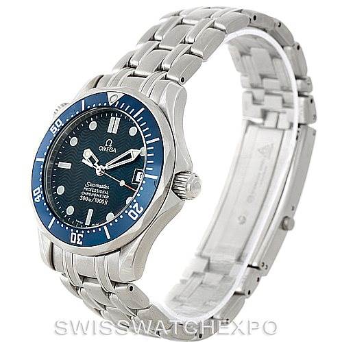 The image shows an Omega Seamaster 2551.80.00 Men
s Stainless Steel Blue Dial 2551.80.00 Men
s Stainless Steel Blue Dial watch angled to display its blue dial, case, bezel, and stainless steel bracelet.