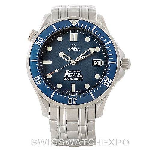 The image shows a front-facing view of an Omega Seamaster 2531.80.00 Men
s Stainless Steel Blue Dial 2531.80.00 Men
s Stainless Steel Blue Dial watch featuring a blue dial, rotating bezel, and stainless steel bracelet.