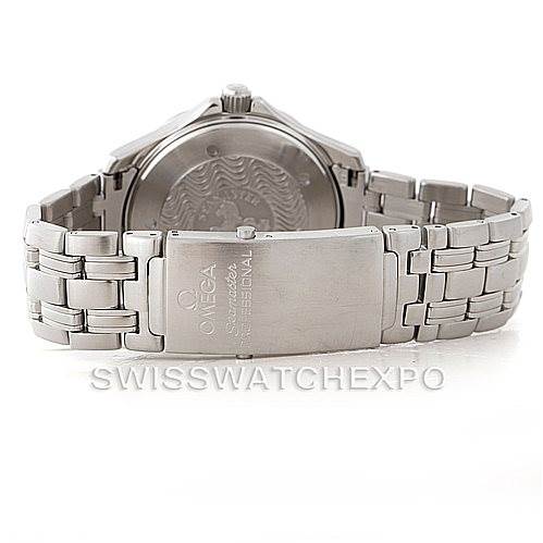 The image shows the backside of an Omega Seamaster 2531.80.00 Men
s Stainless Steel Blue Dial 2531.80.00 Men
s Stainless Steel Blue Dial watch, focusing on the case back and the metal bracelet clasp.