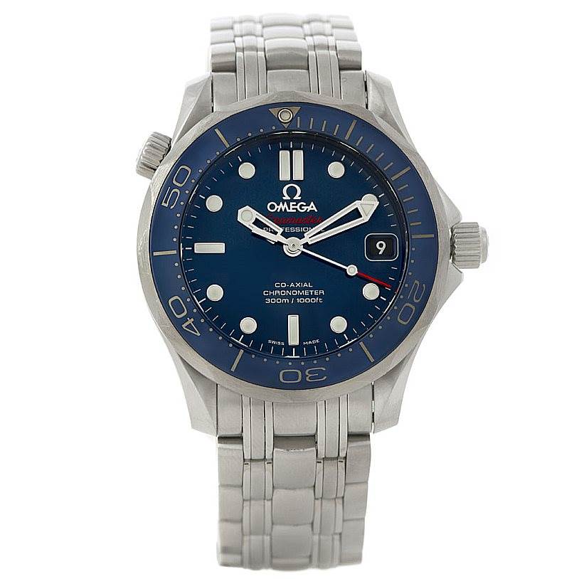 The image shows a frontal view of the Omega Seamaster 212.30.36.20.03.001 Men
s Stainless Steel Blue Dial 212.30.36.20.03.001 Men
s Stainless Steel Blue Dial watch, highlighting its blue face, stainless steel case, and bracelet.