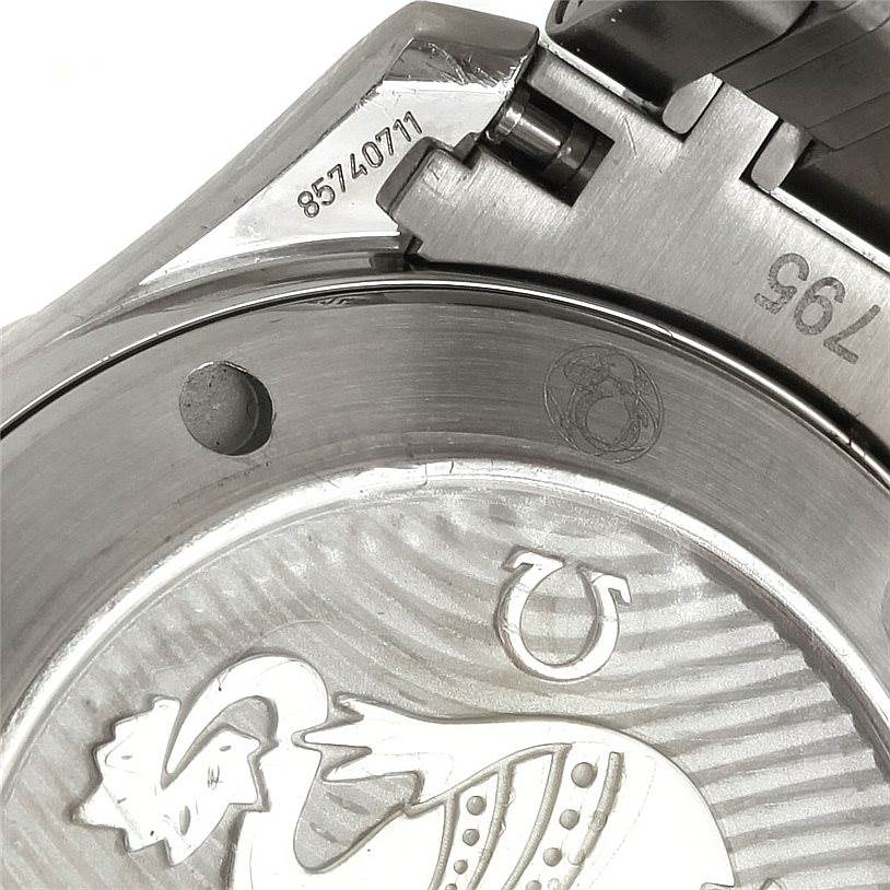 The image shows a close-up of the case back and bracelet attachment of an Omega Seamaster 212.30.36.20.03.001 Men
s Stainless Steel Blue Dial 212.30.36.20.03.001 Men
s Stainless Steel Blue Dial watch, highlighting the serial number and engraving.