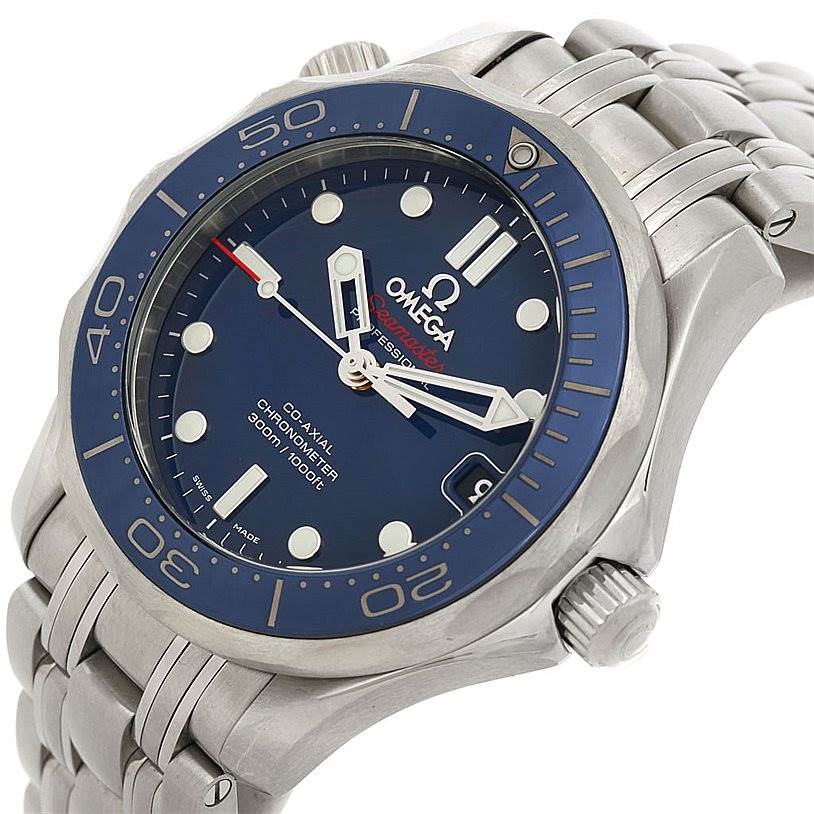 The image shows a front angled view of the Omega Seamaster 212.30.36.20.03.001 Men
s Stainless Steel Blue Dial 212.30.36.20.03.001 Men
s Stainless Steel Blue Dial watch, highlighting the blue dial, bezel, and stainless steel bracelet.