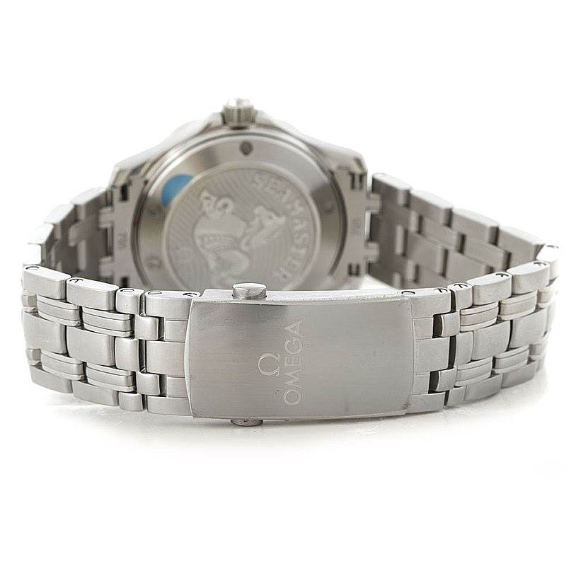 The image shows the back view of an Omega Seamaster 212.30.36.20.03.001 Men
s Stainless Steel Blue Dial 212.30.36.20.03.001 Men
s Stainless Steel Blue Dial watch, focusing on the bracelet and clasp.