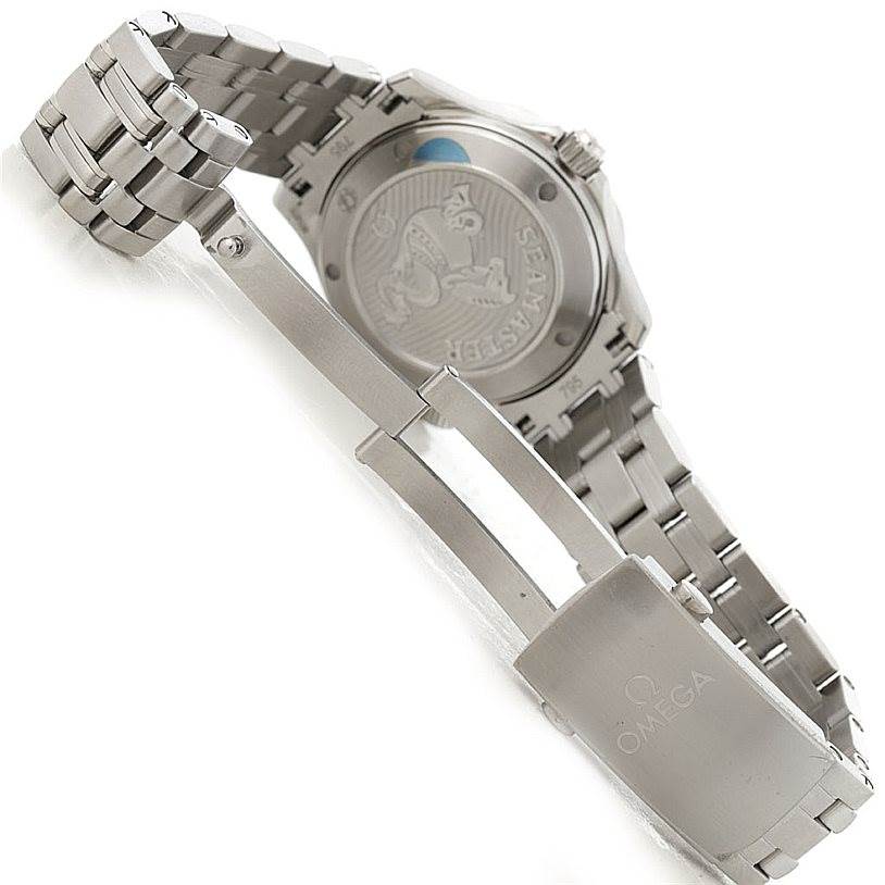 The image shows the clasp, bracelet, and case back of an Omega Seamaster 212.30.36.20.03.001 Men
s Stainless Steel Blue Dial 212.30.36.20.03.001 Men
s Stainless Steel Blue Dial watch from a rear angle.
