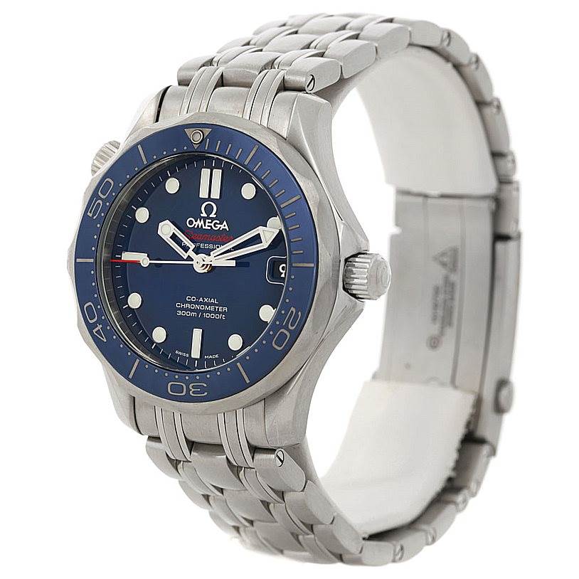 This image shows the Omega Seamaster 212.30.36.20.03.001 Men
s Stainless Steel Blue Dial 212.30.36.20.03.001 Men
s Stainless Steel Blue Dial watch at a 3/4 angle, displaying the face, bezel, and part of the bracelet.