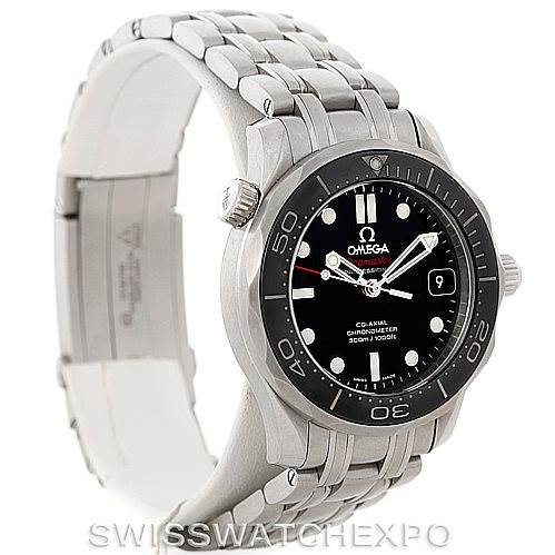 The image shows the Omega Seamaster 212.30.36.20.01.002 Men
s Stainless Steel Black Dial 212.30.36.20.01.002 Men
s Stainless Steel Black Dial watch at a three-quarters angle, displaying its face, bezel, crown, and bracelet.