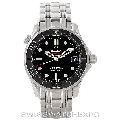 This image shows a front view of an Omega Seamaster 212.30.36.20.01.002 Men
s Stainless Steel Black Dial 212.30.36.20.01.002 Men
s Stainless Steel Black Dial watch, highlighting its face, bezel, and stainless steel bracelet.