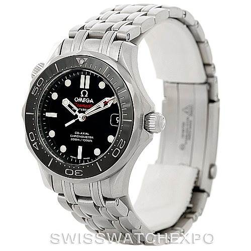 The image shows an Omega Seamaster 212.30.36.20.01.002 Men
s Stainless Steel Black Dial 212.30.36.20.01.002 Men
s Stainless Steel Black Dial watch from a front-side angle, featuring its bracelet, bezel, and dial.