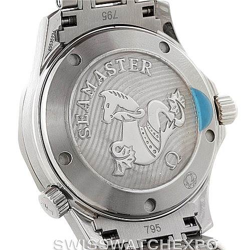 The image shows the back case of an Omega Seamaster 212.30.36.20.01.002 Men
s Stainless Steel Black Dial 212.30.36.20.01.002 Men
s Stainless Steel Black Dial watch, highlighting the engraved logo and some case details.