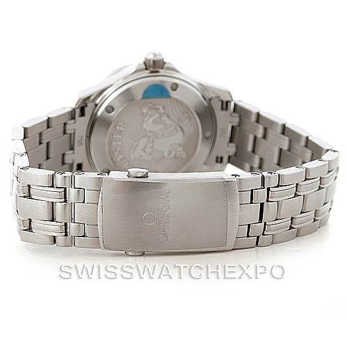 The image shows the backside and clasp of the Omega Seamaster 212.30.36.20.01.002 Men
s Stainless Steel Black Dial 212.30.36.20.01.002 Men
s Stainless Steel Black Dial watch from a rear view angle.