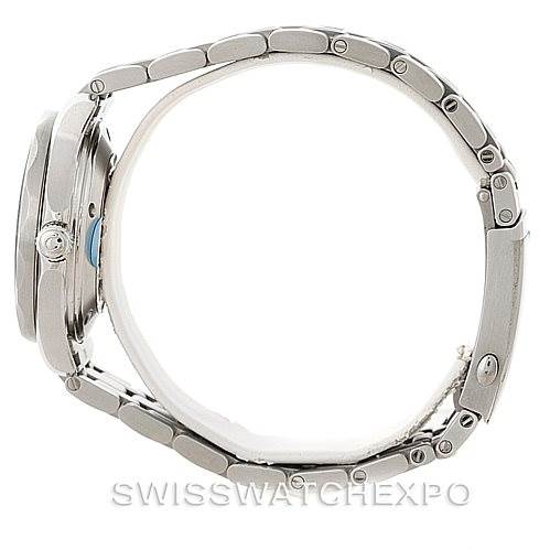 The image shows a side view of an Omega Seamaster 212.30.36.20.01.002 Men
s Stainless Steel Black Dial 212.30.36.20.01.002 Men
s Stainless Steel Black Dial watch, highlighting its metal bracelet and case thickness.