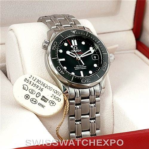 The image shows a stainless steel Omega Seamaster 212.30.36.20.01.002 Men
s Stainless Steel Black Dial 212.30.36.20.01.002 Men
s Stainless Steel Black Dial watch with a black dial, displayed at a three-quarter angle in its box.