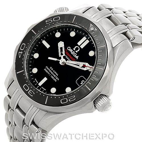 The image showcases an Omega Seamaster 212.30.36.20.01.002 Men
s Stainless Steel Black Dial 212.30.36.20.01.002 Men
s Stainless Steel Black Dial watch, highlighting its face, bezel, crown, and bracelet.