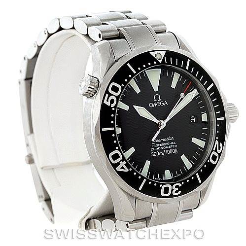 The Omega Seamaster 2254.50.00 Men
s Stainless Steel Black Dial 2254.50.00 Men
s Stainless Steel Black Dial watch is shown at an angle displaying the face, bezel, and metal band.
