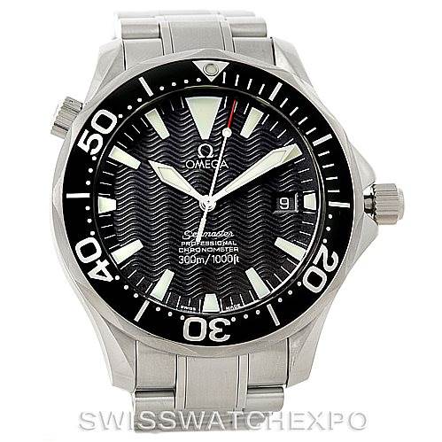 The image shows a front view of an Omega Seamaster 2254.50.00 Men
s Stainless Steel Black Dial 2254.50.00 Men
s Stainless Steel Black Dial watch, displaying the face, bezel, and part of the bracelet.