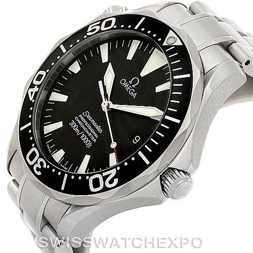 This image shows the Omega Seamaster 2254.50.00 Men
s Stainless Steel Black Dial 2254.50.00 Men
s Stainless Steel Black Dial watch at a three-quarter angle, highlighting its case, bezel, dial, and bracelet.