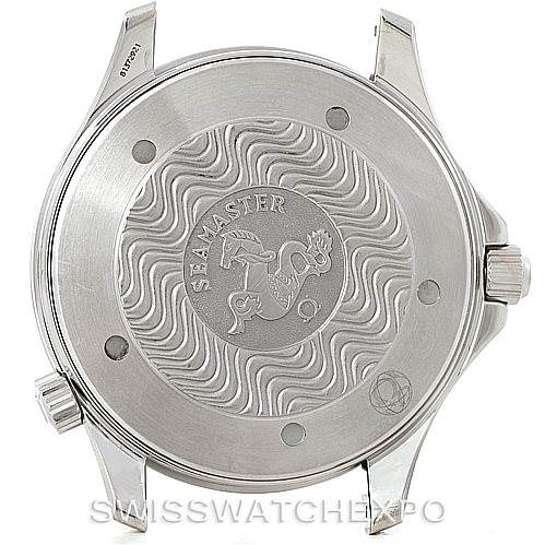 The image shows the back case of an Omega Seamaster 2254.50.00 Men
s Stainless Steel Black Dial 2254.50.00 Men
s Stainless Steel Black Dial watch, displaying its engraved logo and design details.
