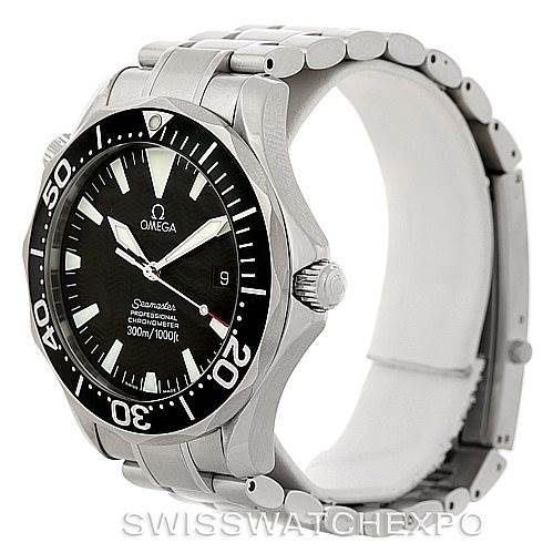 This image shows a side angle view of the Omega Seamaster 2254.50.00 Men
s Stainless Steel Black Dial 2254.50.00 Men
s Stainless Steel Black Dial watch, highlighting the dial, bezel, crown, and bracelet.
