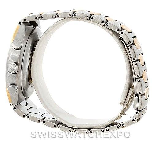 The image shows a side view of an Omega Seamaster 386.1231 50 Men
s Stainless Steel Black Dial 386.1231 50 Men
s Stainless Steel Black Dial watch, highlighting its case, bezel, crown, and two-tone metal bracelet.