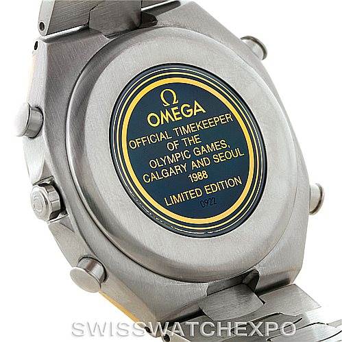 The image shows the back of an Omega Seamaster 386.1231 50 Men
s Stainless Steel Black Dial 386.1231 50 Men
s Stainless Steel Black Dial watch, highlighting its limited edition marking for the 1988 Calgary and Seoul Olympic Games.