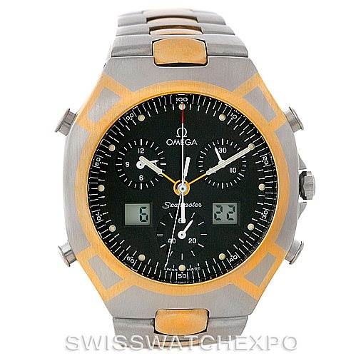 The image shows a front view of the Omega Seamaster 386.1231 50 Men
s Stainless Steel Black Dial 386.1231 50 Men
s Stainless Steel Black Dial watch, highlighting its face, bezel, and part of the bracelet.