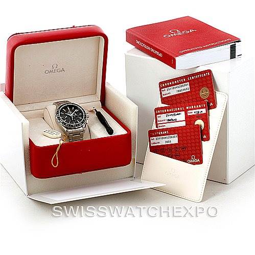 The image shows an Omega Seamaster 231.10.44.52.06.001 Men
s Stainless Steel Grey Dial 231.10.44.52.06.001 Men
s Stainless Steel Grey Dial watch inside its open box, along with warranty cards, a user manual, and additional packaging.