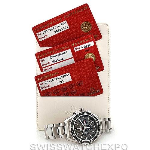 The image shows an Omega Seamaster 231.10.44.52.06.001 Men
s Stainless Steel Grey Dial 231.10.44.52.06.001 Men
s Stainless Steel Grey Dial watch placed below its Best Quality
ity and warranty cards.