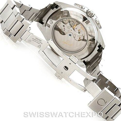 The image shows the stainless steel bracelet and open deployant clasp of an Omega Seamaster 231.10.44.52.06.001 Men
s Stainless Steel Grey Dial 231.10.44.52.06.001 Men
s Stainless Steel Grey Dial watch from the back angle.