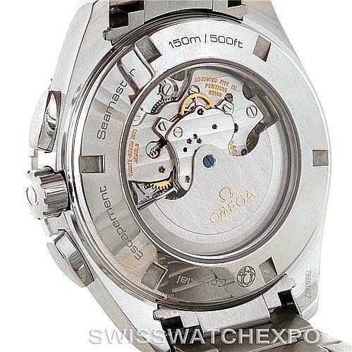 This image shows the back view of an Omega Seamaster 231.10.44.52.06.001 Men
s Stainless Steel Grey Dial 231.10.44.52.06.001 Men
s Stainless Steel Grey Dial watch, highlighting its intricate automatic movement mechanism.