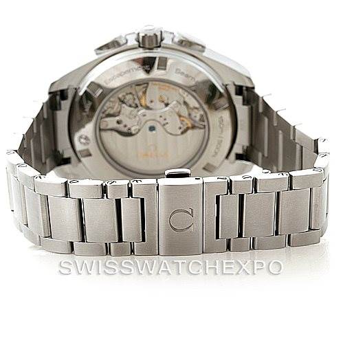 This image shows the back view of an Omega Seamaster 231.10.44.52.06.001 Men
s Stainless Steel Grey Dial 231.10.44.52.06.001 Men
s Stainless Steel Grey Dial watch, highlighting the stainless steel bracelet and visible movement through the transparent case back.