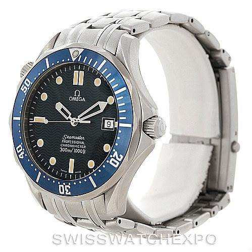 The image shows an Omega Seamaster 2531.80.00 Men
s Stainless Steel Blue Dial 2531.80.00 Men
s Stainless Steel Blue Dial watch at an angle, highlighting its bezel, dial, crown, and bracelet.