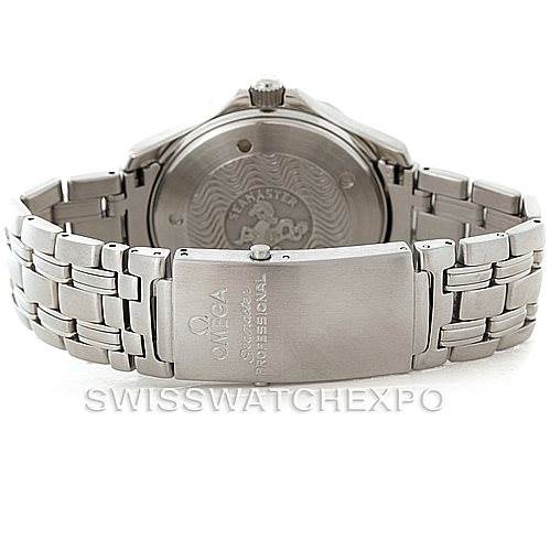 The image shows the back and bracelet clasp of an Omega Seamaster 2531.80.00 Men
s Stainless Steel Blue Dial 2531.80.00 Men
s Stainless Steel Blue Dial watch, emphasizing the brand
s logo on the clasp.