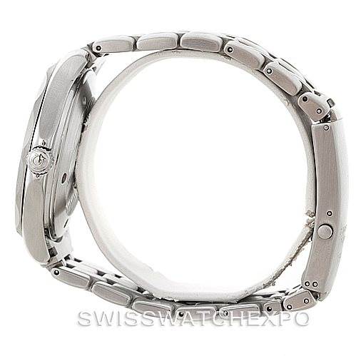 The image shows a side view of the Omega Seamaster 2531.80.00 Men
s Stainless Steel Blue Dial 2531.80.00 Men
s Stainless Steel Blue Dial watch, highlighting its case, crown, and metal bracelet.