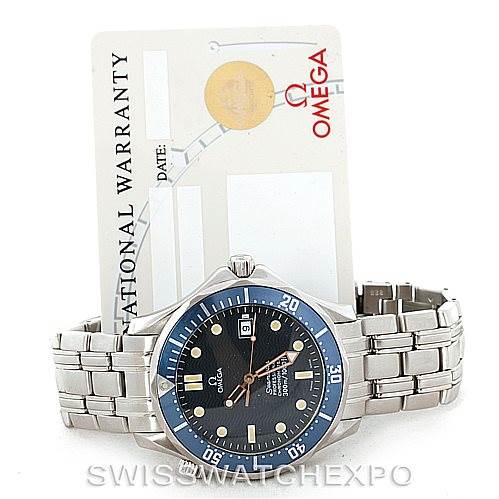 The image shows an Omega Seamaster 2531.80.00 Men
s Stainless Steel Blue Dial 2531.80.00 Men
s Stainless Steel Blue Dial watch at an angle, displaying the face, bezel, and bracelet, with a warranty card in the background.
