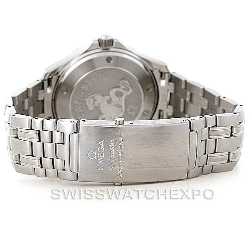 The image shows the back view of an Omega Seamaster 212.30.41.20.01.002 Men
s Stainless Steel Black Dial 212.30.41.20.01.002 Men
s Stainless Steel Black Dial watch, highlighting the case back and the stainless steel bracelet.