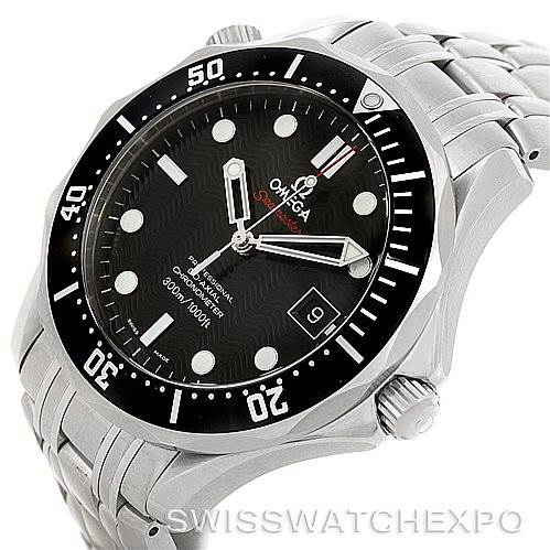 This is a front view of the Omega Seamaster 212.30.41.20.01.002 Men
s Stainless Steel Black Dial 212.30.41.20.01.002 Men
s Stainless Steel Black Dial watch, showcasing its dial, bezel, crown, and part of the bracelet.