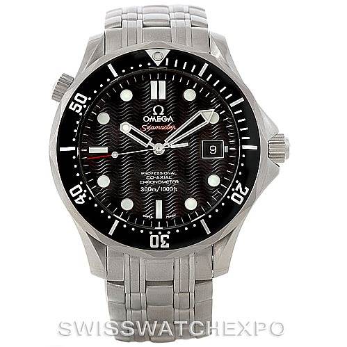 The image shows a front view of an Omega Seamaster 212.30.41.20.01.002 Men
s Stainless Steel Black Dial 212.30.41.20.01.002 Men
s Stainless Steel Black Dial watch, highlighting its dial, bezel, and stainless steel bracelet.