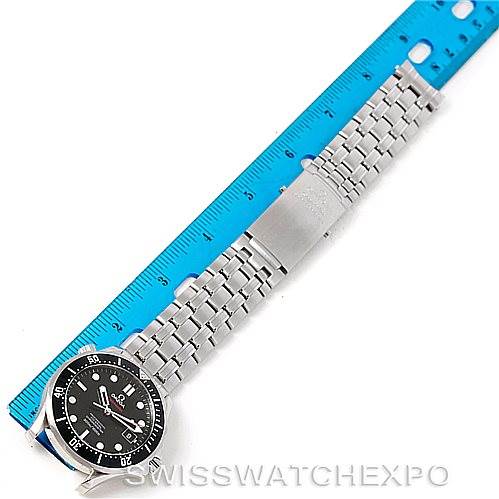 The image displays an Omega Seamaster 212.30.41.20.01.002 Men
s Stainless Steel Black Dial 212.30.41.20.01.002 Men
s Stainless Steel Black Dial watch laid flat, showing its face, band, and clasp next to a blue ruler for scale.