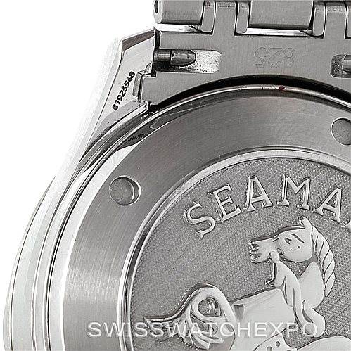 The image shows the back case and clasp hinge of an Omega Seamaster 212.30.41.20.01.002 Men
s Stainless Steel Black Dial 212.30.41.20.01.002 Men
s Stainless Steel Black Dial watch, displaying the horse logo and "SEAMASTER" text.